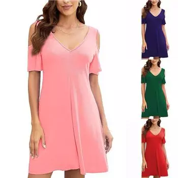 Женская футболка без бретелек с V-образным вырезом и коротким рукавом, летние однотонные повседневные модные платья L темно-зеленого