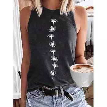 Женская футболка без рукавов с 3D цветочным принтом, повседневная уличная одежда в стиле Y2K, оверсайз жилет с круглым вырезом, с открытыми плечами, праздничная футболка S