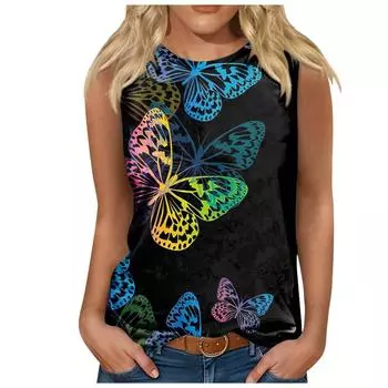 Женская футболка без рукавов с 3D-принтом бабочки, повседневный жилет с круглым вырезом и открытыми плечами, элегантный топ без рукавов в стиле Y2K, футболка, женская одежда S