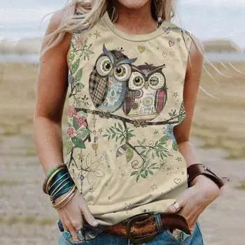 Женская футболка без рукавов с 3D-принтом совы и животных, повседневный жилет с круглым вырезом и открытыми плечами, топ без рукавов в стиле Y2K, футболка, женская одежда S