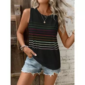 Женская футболка без рукавов с круглым вырезом, в полоску с принтом, многоцветная, для весны и лета в Европе и Америке S