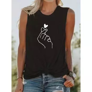 Женская футболка без рукавов с круглым вырезом, удобная, дышащая, повседневная, свободного размера, принт в виде руки, сердца, жеста, лето S