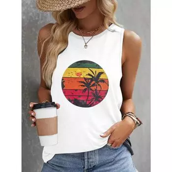 Женская футболка без рукавов с принтом солнца, летний и весенний повседневный топ без рукавов S