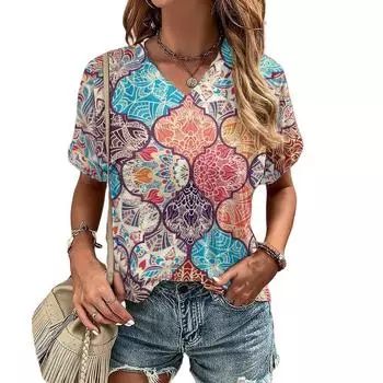 Женская футболка Boho Harajuku с винтажным принтом, летние повседневные топы с коротким рукавом, уличная мода, футболка с V-образным вырезом, женская одежда XXS