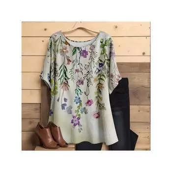 Женская футболка больших размеров 1XL-8XL Футболка с принтом по всей поверхности Повседневная футболка с круглым вырезом и коротким рукавом Женская одежда больших размеров S