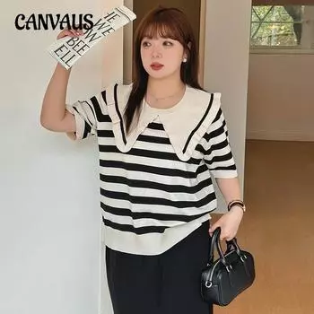 Женская футболка больших размеров, блузка с милым кукольным воротником, женская трикотажная одежда в полоску, весенне-летняя тонкая футболка с короткими рукавами XL чёрный