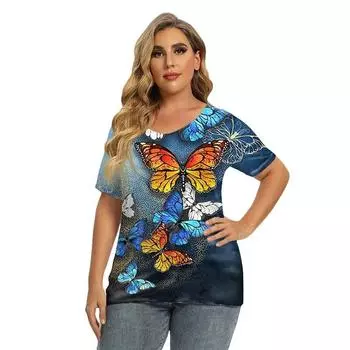 Женская футболка больших размеров, цифровая элегантная футболка с 3D принтом бабочки, топы большого размера, новинка 2022 года, летняя новая женская уличная футболка с коротким рукавом XL