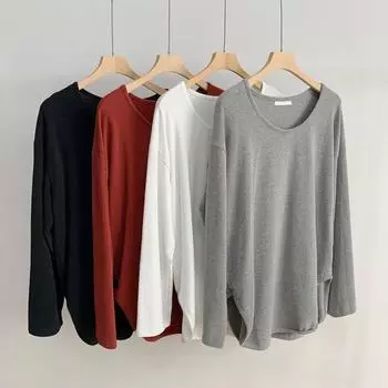 Женская футболка больших размеров из хлопка с длинным рукавом и закругленным подолом на осень 2XL чёрный