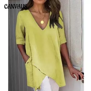 Женская футболка больших размеров, летние нерегулярные повседневные топы с v-образным вырезом и полурукавами