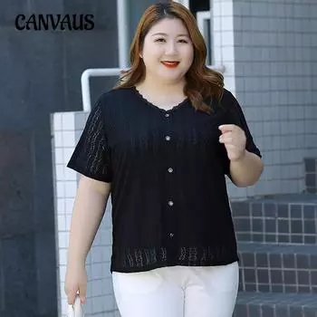 Женская футболка больших размеров, летний кружевной топ с короткими рукавами, шикарный топ 2XL чёрный