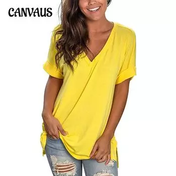 Женская футболка больших размеров, летняя, однотонная, с короткими рукавами, с V-образным вырезом S чёрный