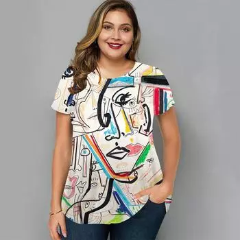Женская футболка больших размеров, новинка 2023 года, летняя модная женская одежда, топы с 3d-цветами для лица, футболка, повседневная уличная одежда, женская футболка большого размера 2XL