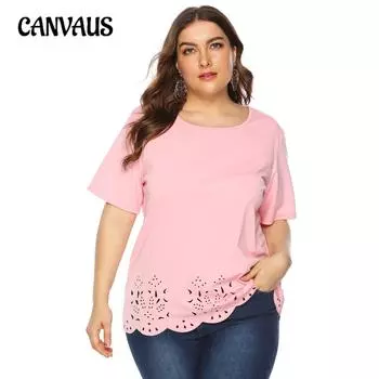 Женская футболка больших размеров, однотонная, с полыми волнистыми краями, простая повседневная футболка с круглым вырезом и короткими рукавами, топы 0XL розовый