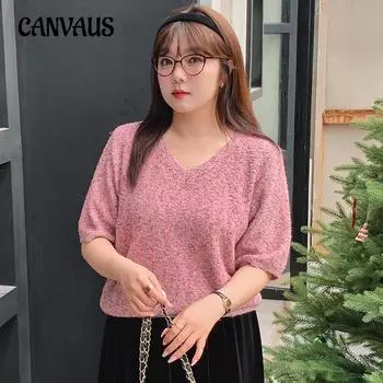 Женская футболка больших размеров, пуловер с v-образным вырезом, круглая пряжа, свободная футболка с коротким рукавом