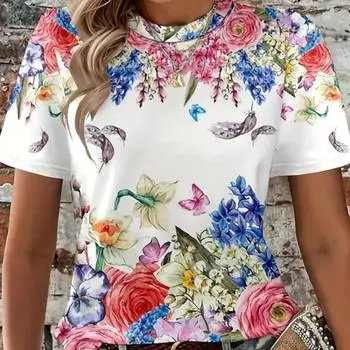 Женская футболка больших размеров с 3D принтом, повседневная футболка с круглым вырезом и короткими рукавами с цветочным принтом, одежда больших размеров XS
