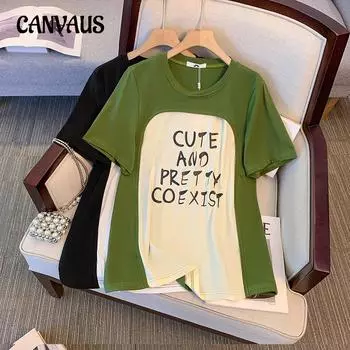 Женская футболка больших размеров с цветными блоками, свободная тонкая футболка, модная рубашка, топы с короткими рукавами, летние