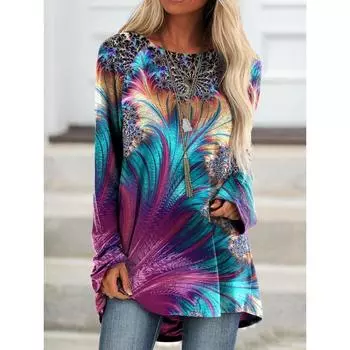 Женская футболка больших размеров с длинным рукавом и 3D принтом, весенне-осенняя повседневная свободная верхняя одежда с круглым вырезом L