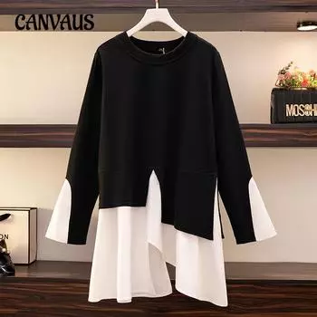 Женская футболка больших размеров с длинным рукавом и принтом в стиле пэчворк, осень, новый цвет, нестандартная футболка 2XL чёрный