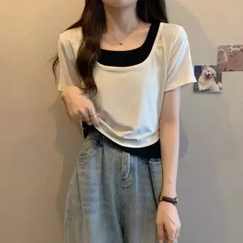 Женская футболка больших размеров с французским U-образным вырезом, из двух частей, с коротким рукавом, отлично подходит для похудения и прикрытия живота Medium белый