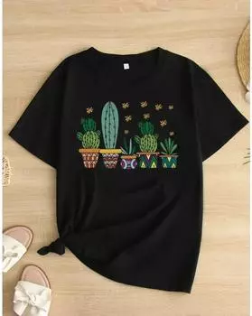 Женская футболка больших размеров с графическим принтом — повседневный топ с короткими рукавами, весна и лето 1XL чёрный