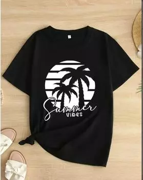 Женская футболка больших размеров с графическим принтом — повседневный топ с короткими рукавами, весна и лето 1XL чёрный