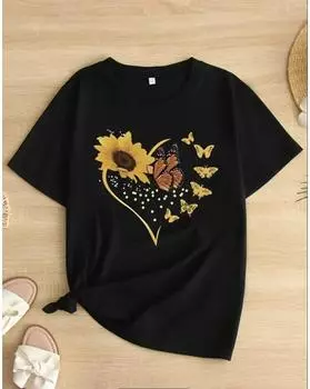 Женская футболка больших размеров с графическим принтом — повседневный топ с короткими рукавами, весна и лето 1XL чёрный