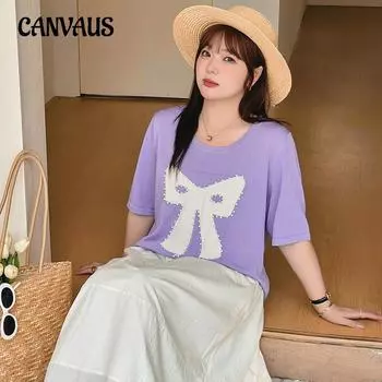 Женская футболка больших размеров с круглым вырезом и бантом из бисера, милый топ, весенне-летняя свободная вязаная футболка с короткими рукавами XL чёрный