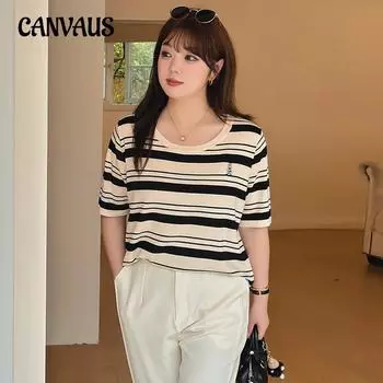 Женская футболка больших размеров с круглым вырезом и вышивкой, трикотаж в полоску, топ, весна-лето, футболка с короткими рукавами XL чёрный