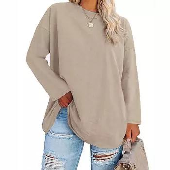 Женская футболка больших размеров с круглым вырезом, свободная и удобная, однотонная, с длинным рукавом, повседневная XL хаки