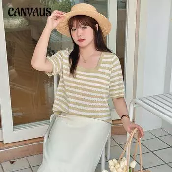 Женская футболка больших размеров с квадратным вырезом в полоску, женские топы с короткими рукавами, летняя свободная трикотажная одежда XL чёрный