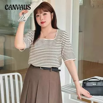 Женская футболка больших размеров с квадратным вырезом в полоску и коротким рукавом, весенне-летняя футболка, свободный трикотаж