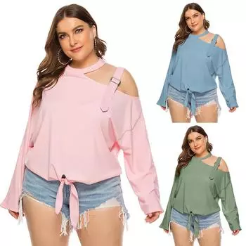 Женская футболка больших размеров с лямкой на бретельках и открытыми плечами, свободные однотонные топы с повязками XL розовый