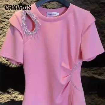 Женская футболка больших размеров с нерегулярными открытыми плечами и ромбовидным узором, утягивающая талия, с короткими рукавами L розовый