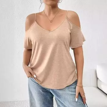 Женская футболка больших размеров с открытыми плечами, сексуальная футболка с подтяжками 4XL хаки