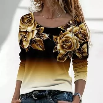 Женская футболка больших размеров с принтом Rose Sparkly, повседневная, выходного дня, базовая, с длинным рукавом и круглым вырезом, черная, осень и зима S