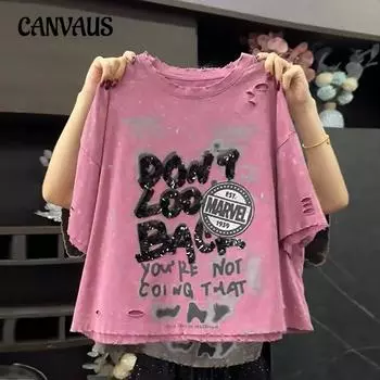 Женская футболка больших размеров с рваным принтом и пайетками, свободного покроя, с круглым вырезом, летняя дизайнерская футболка с короткими рукавами L розовый