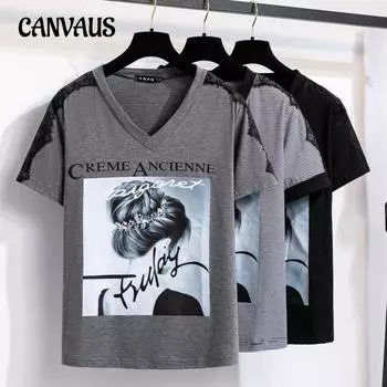 Женская футболка больших размеров с v-образным вырезом и кружевным рукавом, модный топ с короткими рукавами XL чёрный