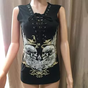 Женская футболка больших размеров с v-образным вырезом на шнуровке, регулируемые ремни, футболка без рукавов, футболка с буквенным принтом черепа, облегающий пуловер в стиле панк M чёрный
