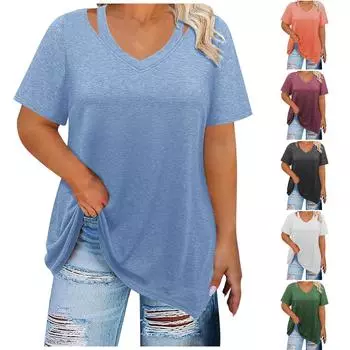 Женская футболка больших размеров с V-образным вырезом, короткими рукавами, повседневная свободная, с неровным подолом L чёрный