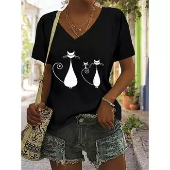 Женская футболка больших размеров с V-образным вырезом, принтом мультяшного кота, средней эластичности, стандартной длины - Новые поступления европейской и американской моды S