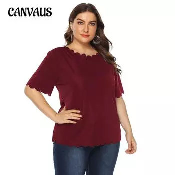 Женская футболка больших размеров с волнистым краем, однотонная, простая универсальная футболка, повседневные топы с короткими рукавами 0XL чёрный