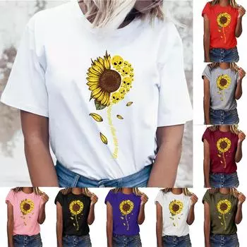 Женская футболка больших размеров с забавным принтом подсолнуха и короткими рукавами, блузка, топы XXXL армия зеленый