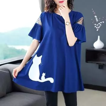 Женская футболка больших размеров, свободная повседневная кружевная футболка с коротким рукавом средней длины XL