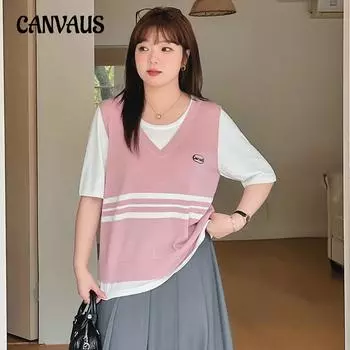 Женская футболка больших размеров, темперамент, студенческий стиль, цветное столкновение, ложный топ из двух предметов, весенняя вязаная футболка с короткими рукавами XL розовый