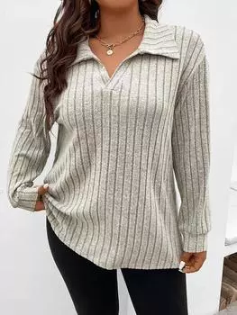 Женская футболка больших размеров, весенне-осенняя футболка с воротником-поло и длинными рукавами, женские повседневные однотонные футболки в рубчик, 2023 XL чёрный