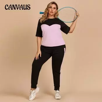 Женская футболка большого размера, брючный костюм, летняя цветная контрастная рубашка с круглым вырезом, брюки с эластичной резинкой на талии, свободный повседневный спортивный костюм XL розовый