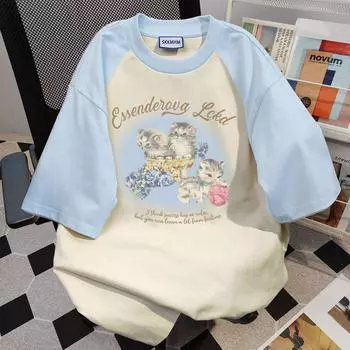 Женская футболка большого размера из 100% хлопка высокого качества, летняя повседневная футболка с милым мультяшным принтом y2k, футболки с короткими рукавами и цветными блоками, женская уличная одежда M