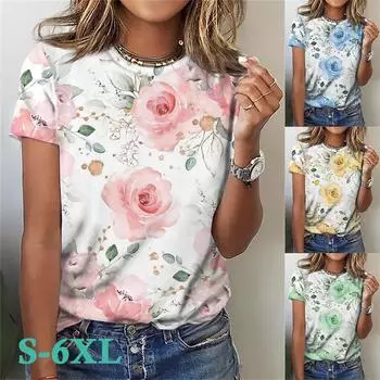 Женская футболка большого размера, летние повседневные футболки с коротким рукавом и цветочным принтом, большие размеры S-6XL 6XL