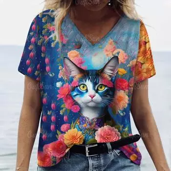 Женская футболка большого размера, модная рубашка с коротким рукавом с мультяшным принтом кота, женская трендовая одежда, женская блузка с v-образным вырезом, новинка 2024 года S