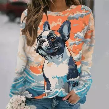 Женская футболка большого размера, модные топы с длинными рукавами и принтом животных, толстовки с круглым вырезом, осень-зима 2024, винтажная женская одежда S